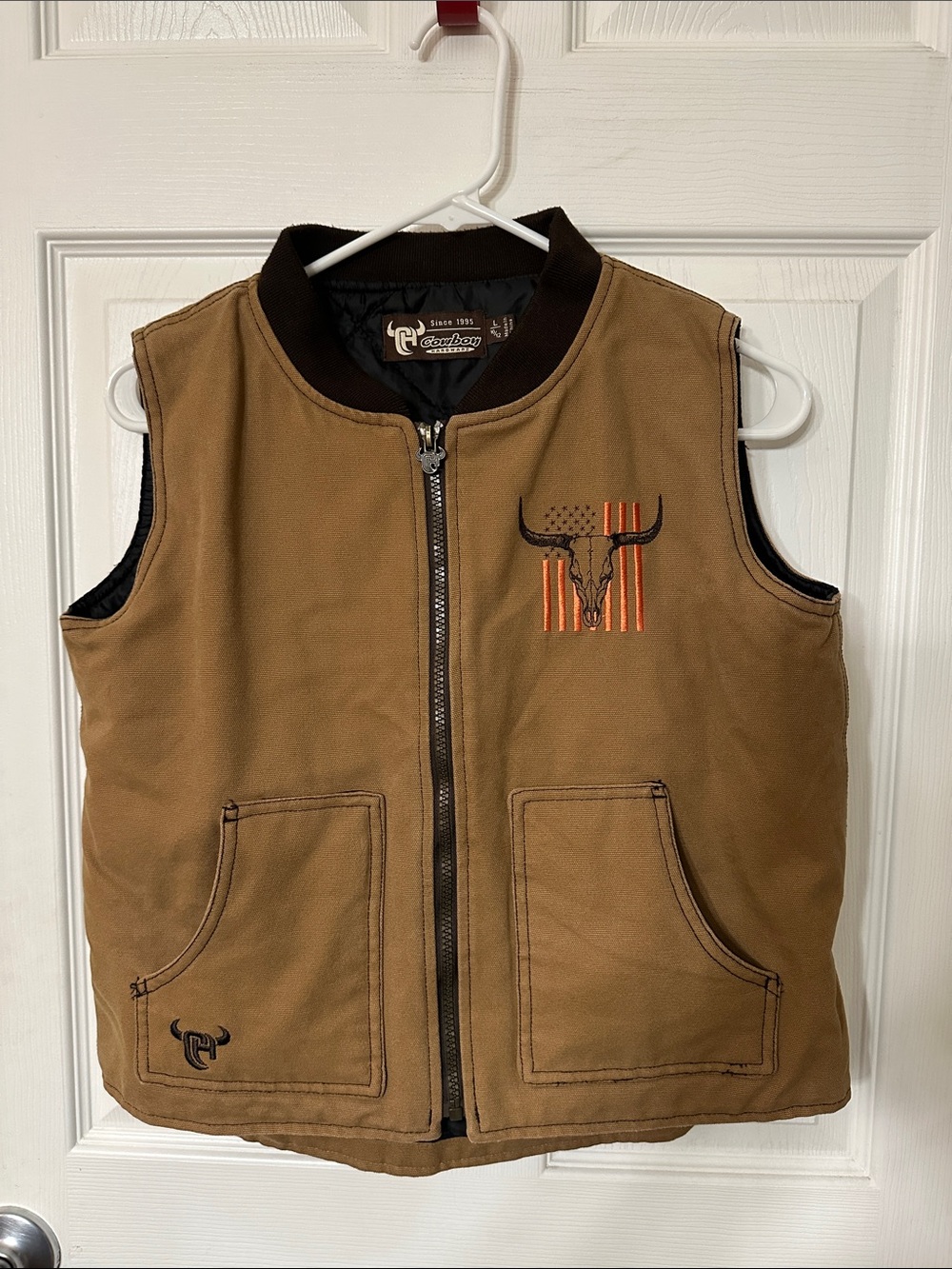 BOOT BARN Boys Quilted Tan Work Vest with Longhorn Embroidery